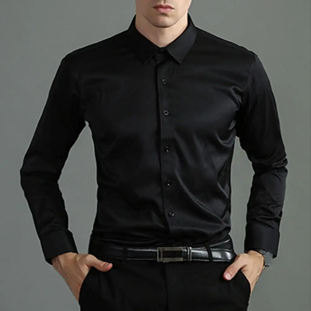 Casual Men Shirt Stretchy Slim Fit Men's Business Shirt with Turn-down Collar Single-breasted Design Solid Color Soft for Formal