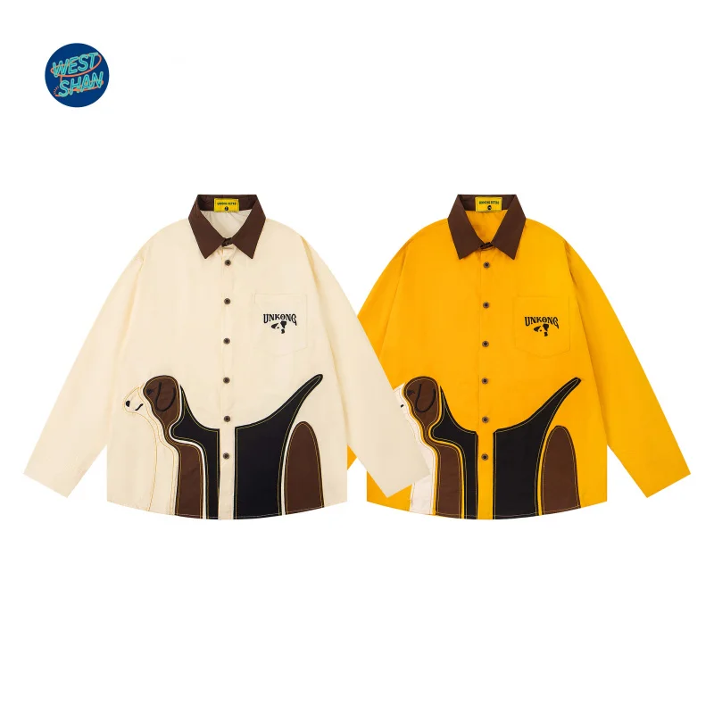 

WESTSHAN Высокое качество, размер ЕС, США, размер ЕС, США, высокое качество, мужские повседневные рубашки на пуговицах с короткими рукавами и нашивкой с рисунком собаки