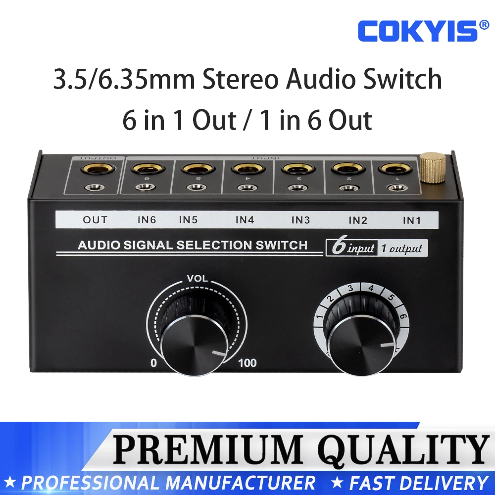 

Audio Switcher 6-Way 3.5/6.35mm Stereo Audio Switch - Signal Source Switcher Selector Splitter Box with line Volume Controller