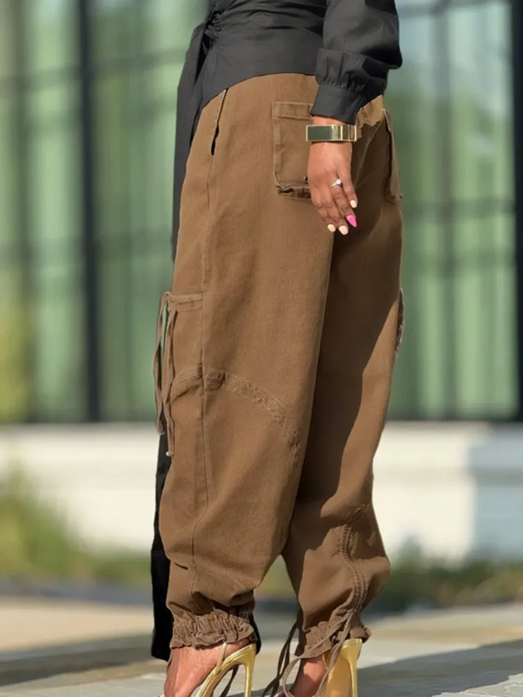 UOOZEE femmes couleur unie taille haute cordon Cargo Jean pantalon mode poches décontracté Streetwear vêtements de travail pantalon bas