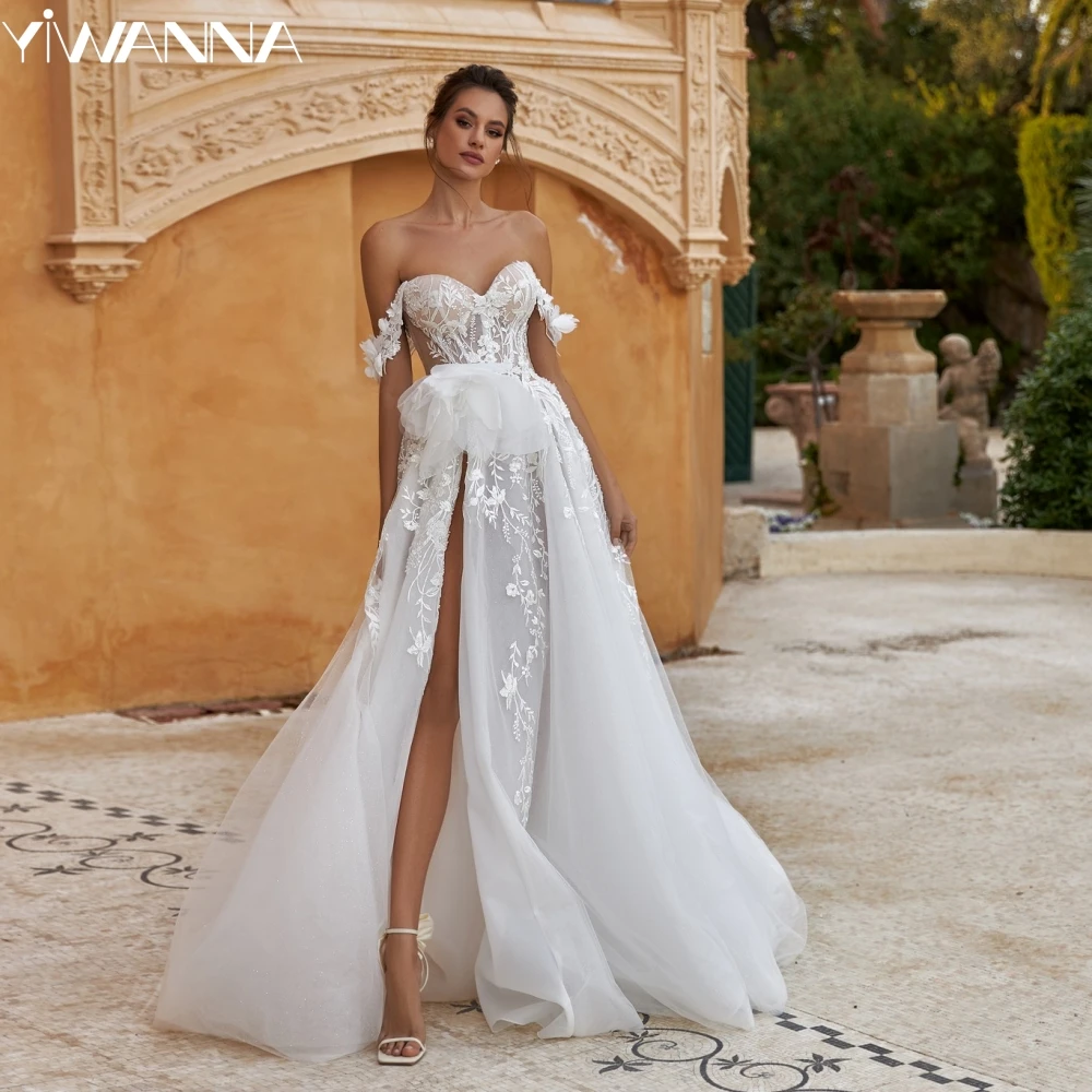 

Sexy High Slit Wedding Dress Off The Shoulder Sleeveless Bride Robe Lace Appliques A-line Long Bridal Gown Robe De Mariée