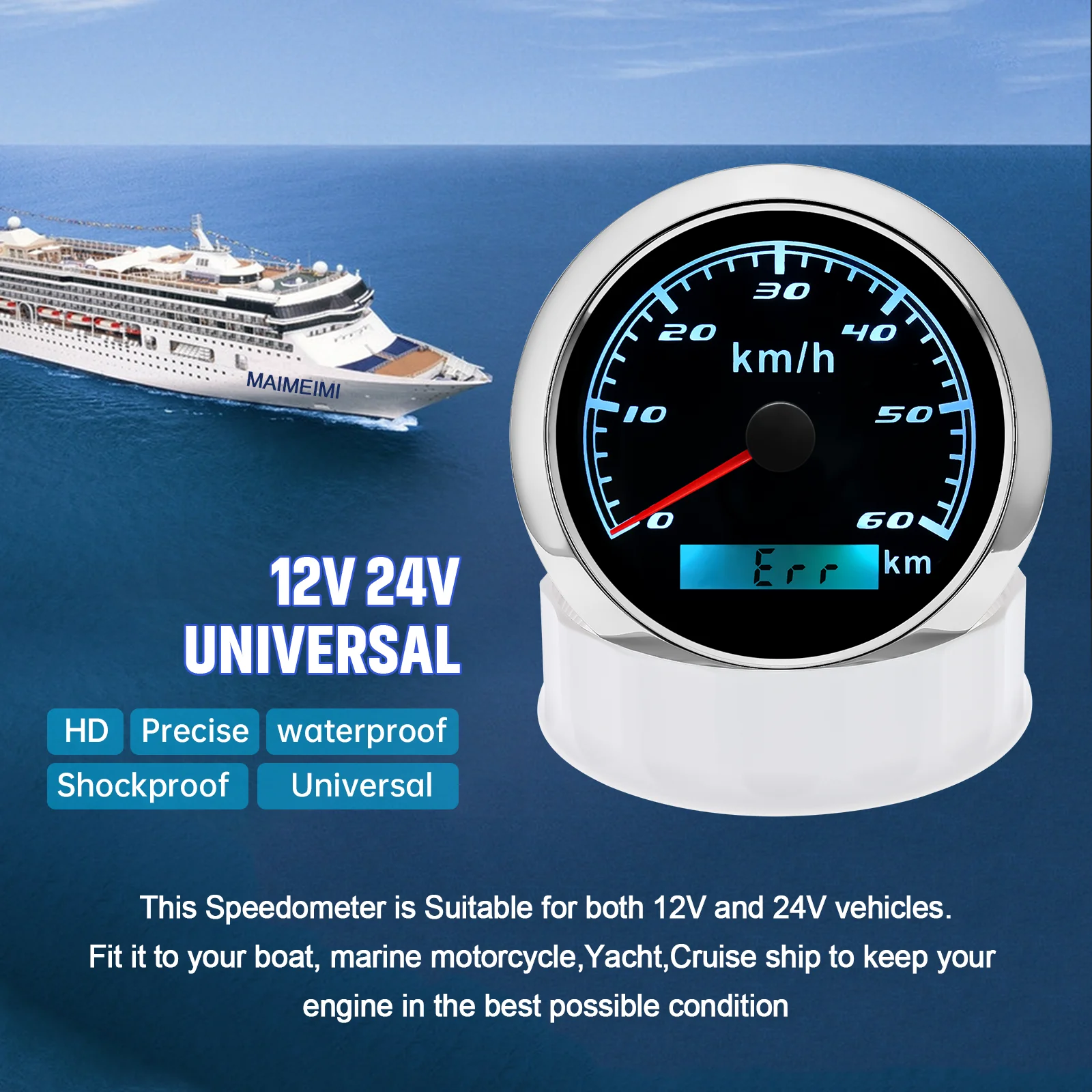 85mm Speedometer Odometer Gauge 7 Colors Backlight 30KM/H 60kmh 120KMH 200km/h Pulse Signal Speed Meter For Car Boat 12V 24V