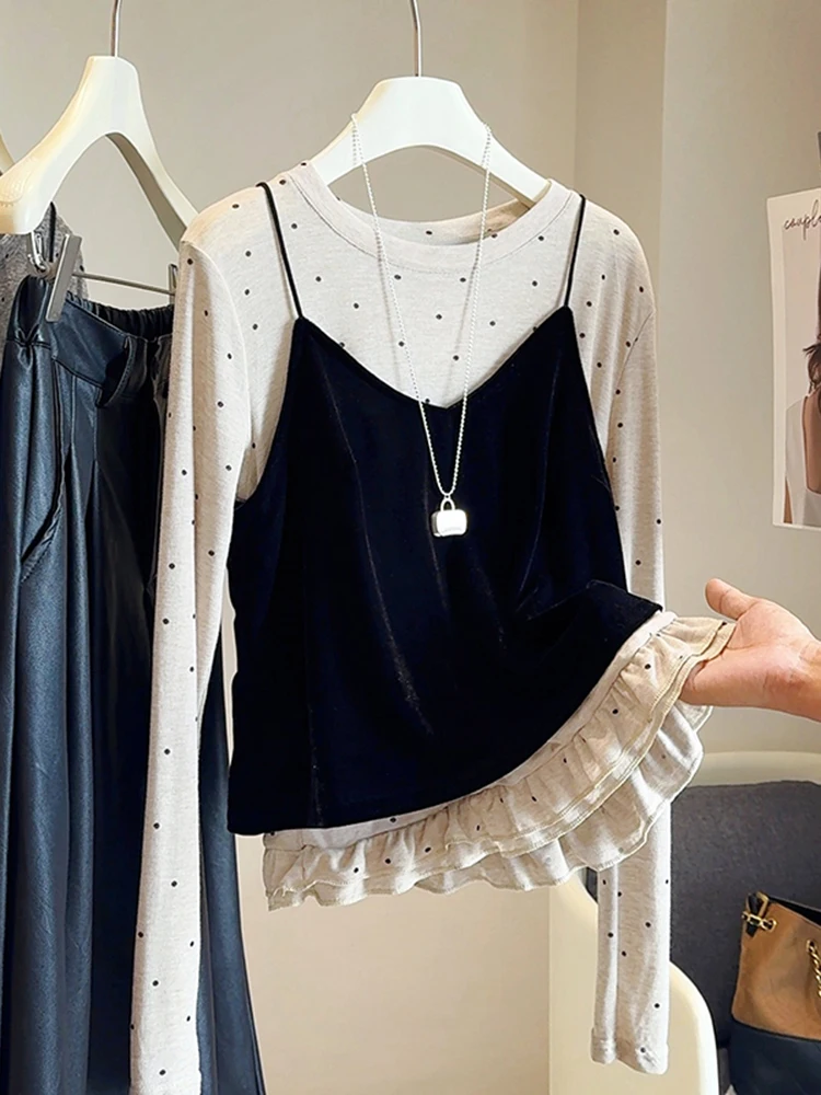 

Korean Sle Long Sve Polka Dot Tank Top And Vest Set Women's Slim Fit Layering Top Spring 2026 Faion New Arrival