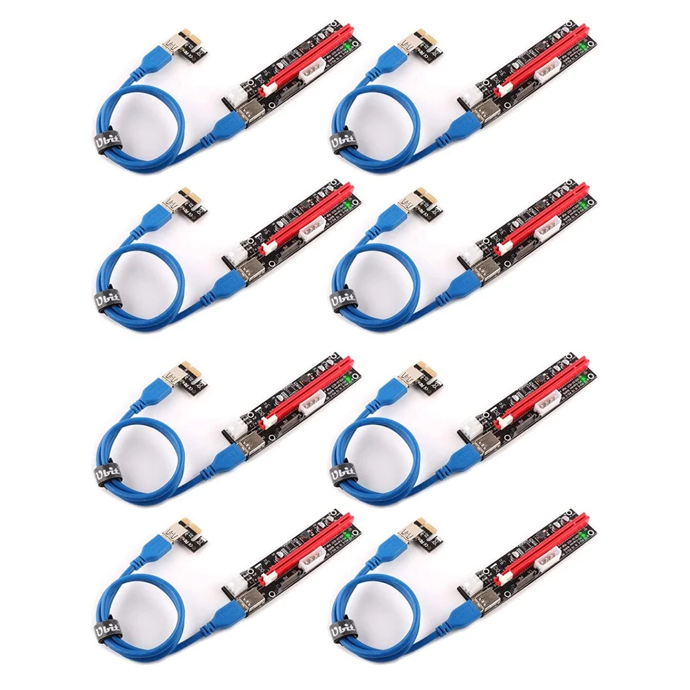 8Pcs PCIe Riser,3 in 1 1X to 16X Pcie Riser Board with LED Light, -USB 3.0 Cable, 3 Power Options (6 Pin/SATA/Molex)