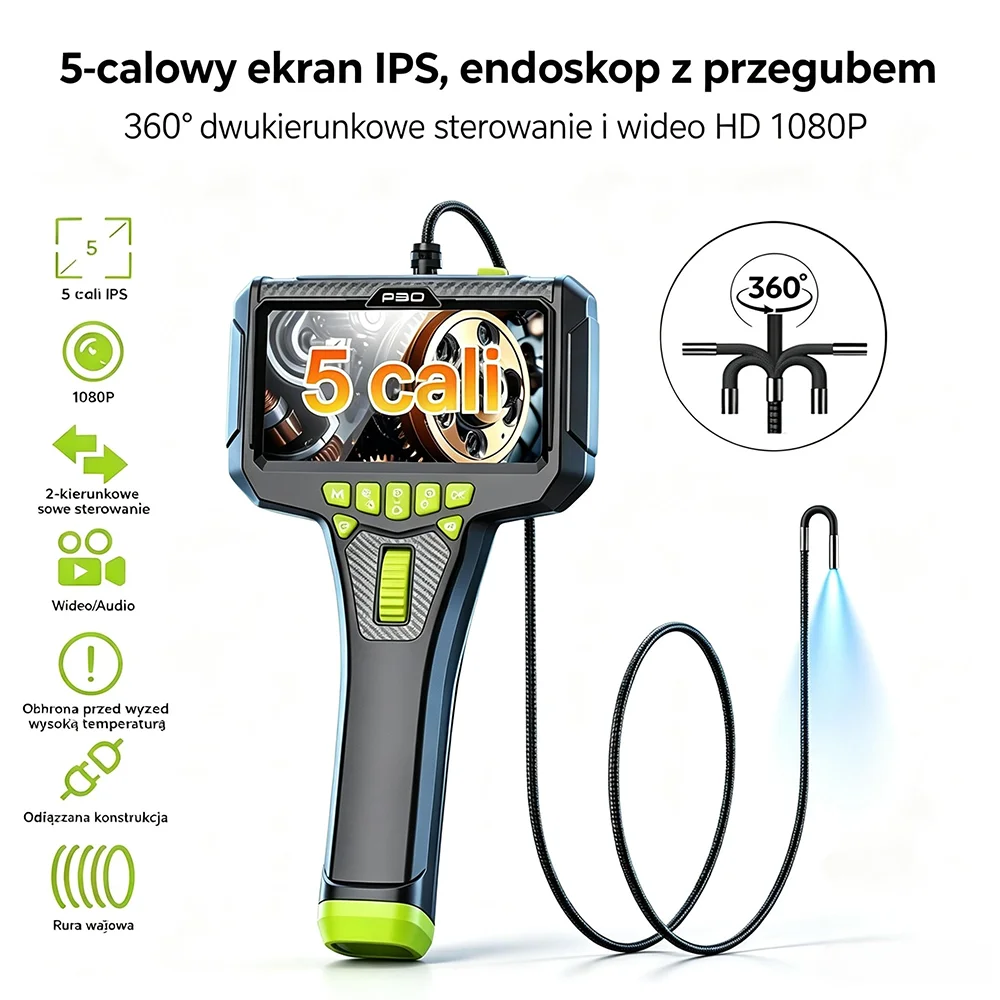 Ekran IPS 5,0 cala, Endoskop przemysłowy, Dwukierunkowy przegub 360°, Boroskop, Kamera inspekcyjna, Kamera węża,HD 1080P, Wodoodporność IP67,Półsztywny kabel, Światło LED, Silnik samochodowy,Korozja