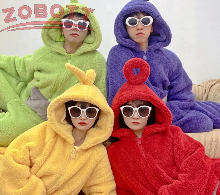 بيجامة قطيفة من قطعة واحدة من كارتون تليتبيز للأولاد والبنات والبالغين والآباء ملابس منزلية سميكة ودافئة