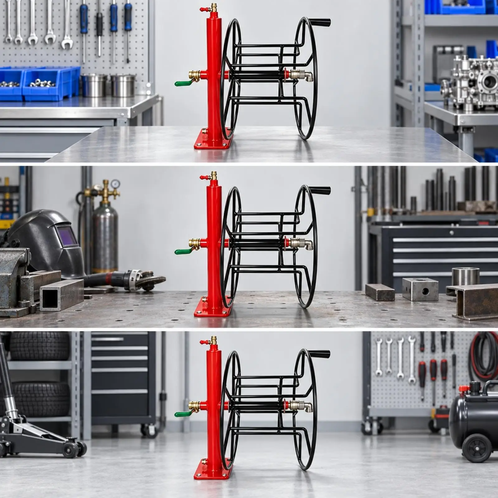Industrial Pneumatic Hose Reel Hand Crank Freestanding Steel Air Tube Winder for Workshop Garage Use