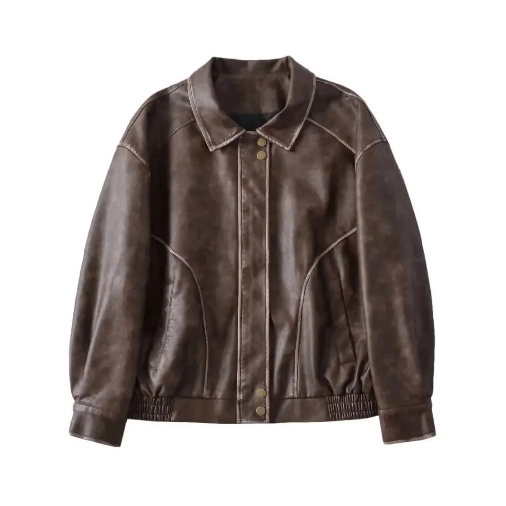 Damska kurtka retro z postarzanego sztucznego skórzanego materiału PU, mocno spranej, z efektem szczotkowania, z długim rękawem, luźny krój, jesienna, modna, w stylu hot girl.