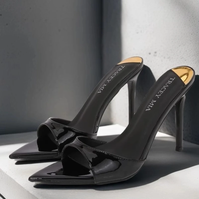 

New sexy high heels for women, thin heels, patent leather half slippers, pointed straight strap sandals, women's outdoor wear