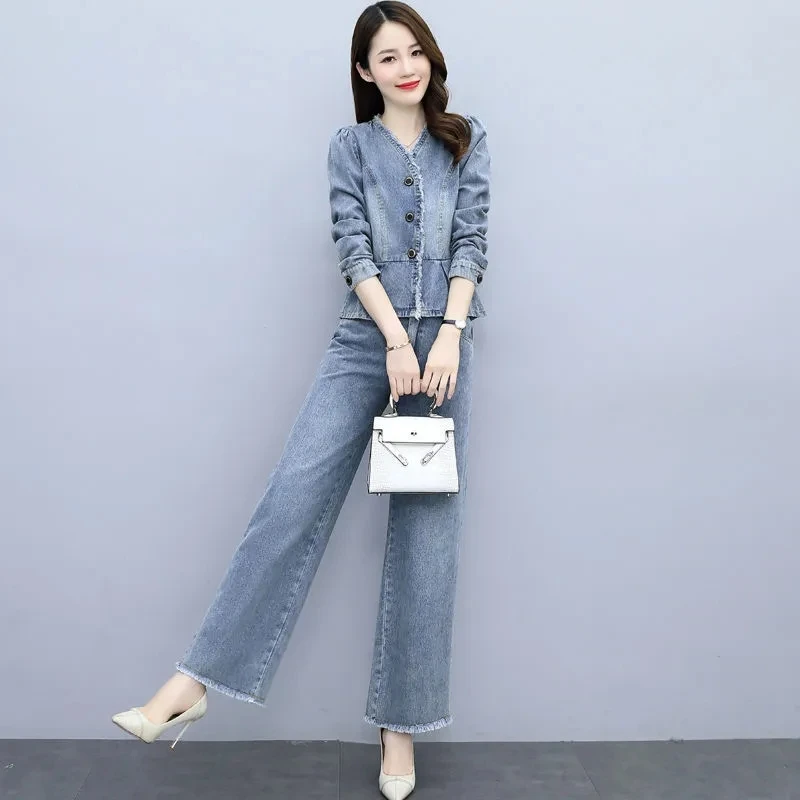 2023New Retro V-Neck Denim Jacket Wide-Leg Pants Suit Women\'s Spring Autumn Long-Sleeved Jacket Two-Piece Suit Female Sets Jeans