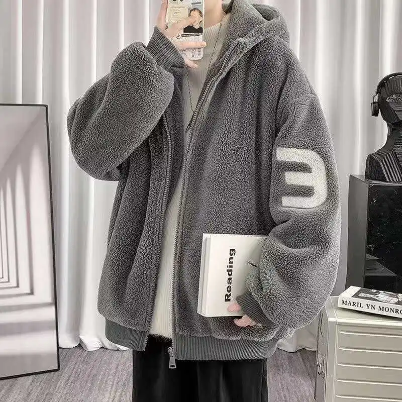 Agnello Velluto Jaet da uomo alla moda con cappuccio di grandi dimensioni autunno inverno vestiti di cotone Hong Kong Sle sciolto casual caldo coppia Cotto...