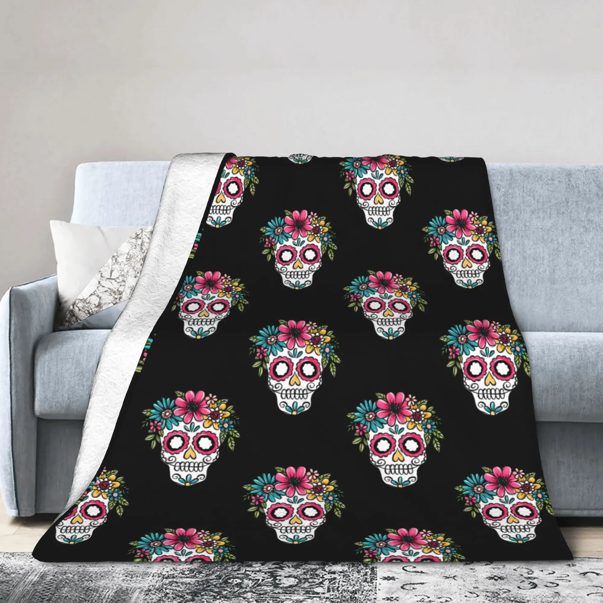 Sugar Skull Floral Blanket Flannel Spring Autumn Halloween Horror Skeleton Breathable Warm Throw Blanket for Bed Car Bedspread