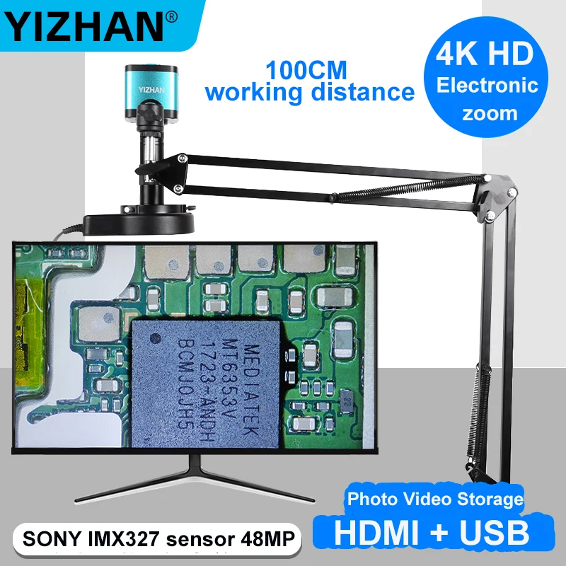 Digital Microscope, 48MP/13M 4K 1080P HDMI Type-C/USB Industrial Video Microscope Camera, 150X Zoom C-Mount Lens, Foldable Stand