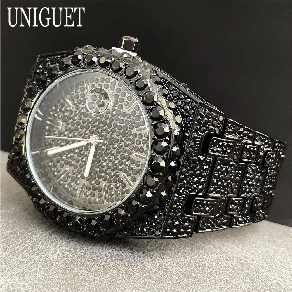 UNIGUET Cool Black Watch For Men Luxury Stainless Steel Quartz Watches Fashion Hip Hop Iced Diamond Wristwatch Man Dropshipping