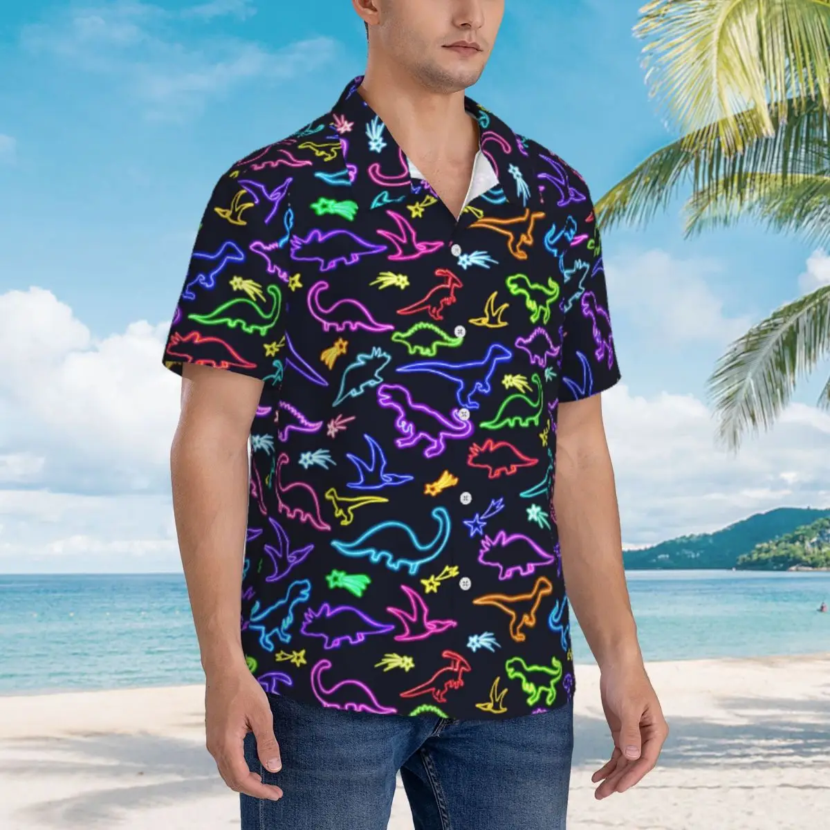 Camisa de playa de dinosaurio de neón para hombre, camisas casuales con estampado de animales de dibujos animados, blusas hawaianas de manga corta, blusas sueltas personalizadas de gran tamaño, regalo