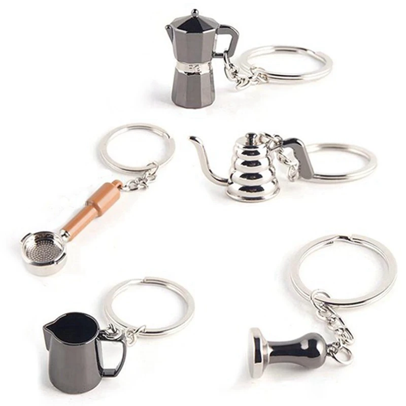 15PCS Creative Barista Coffee Tamper Keychain Espresso Portafilter Moka Pitcher Keyring Portable Coffee Accessories Gift