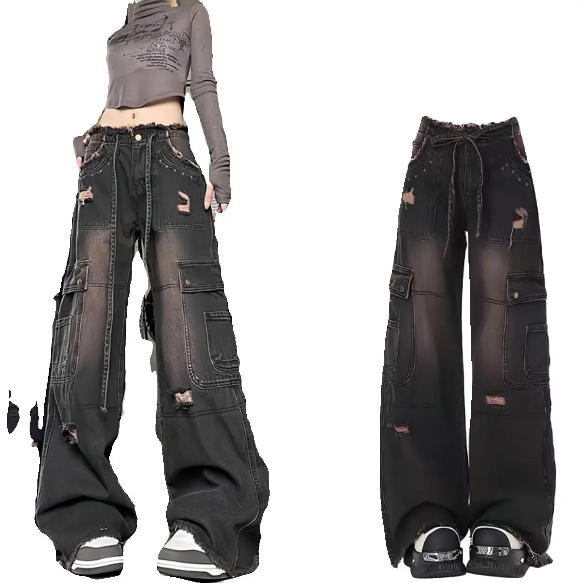 

Retro American Bla Workwear Jeans Women Loose Hem Dragging Long Pants High Street Design Sense Wide Leg l Waist Cotton