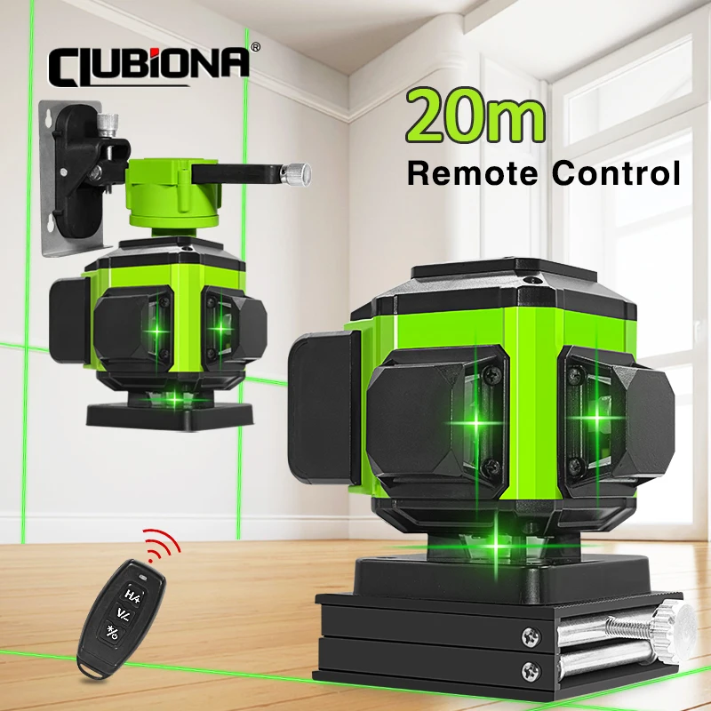 CLUBIONA 16/12 lines Self-leveling Remote Control Outdoor Mode - Receiver Auto 3x360 Green beam Line Laser Level