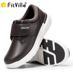 FitVille Men's Leather Shoes Diabetic Shoes Extra Wide Slip On Shoes for Orthopedic Toes Swollen Feet Non-Slip Lightweight