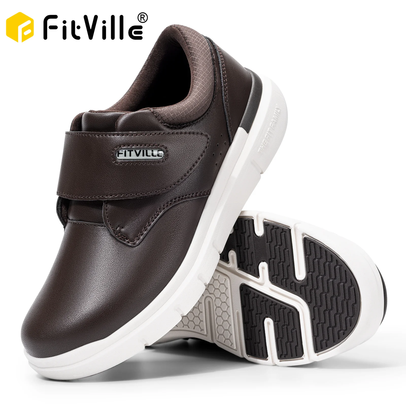 FitVille Men's Leather Shoes Diabetic Shoes Extra Wide Slip On Shoes for Orthopedic Toes Swollen Feet Non-Slip Lightweight