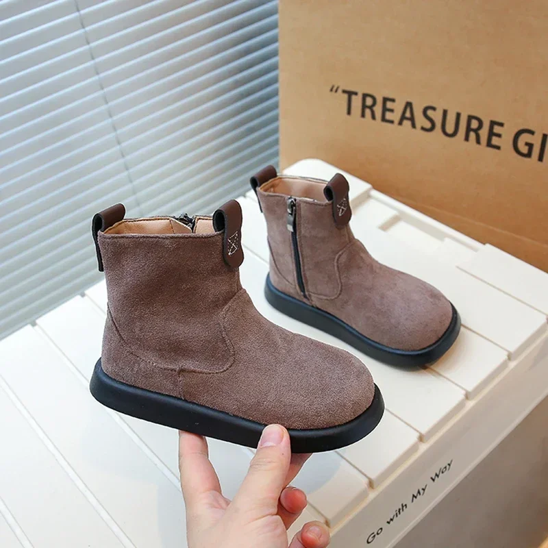 Children Chelsea Boots Kids Warm Leather Boots Side Zipper Cute Round-toe Fashion Girls Short Boots Britain Style 2024 Winter