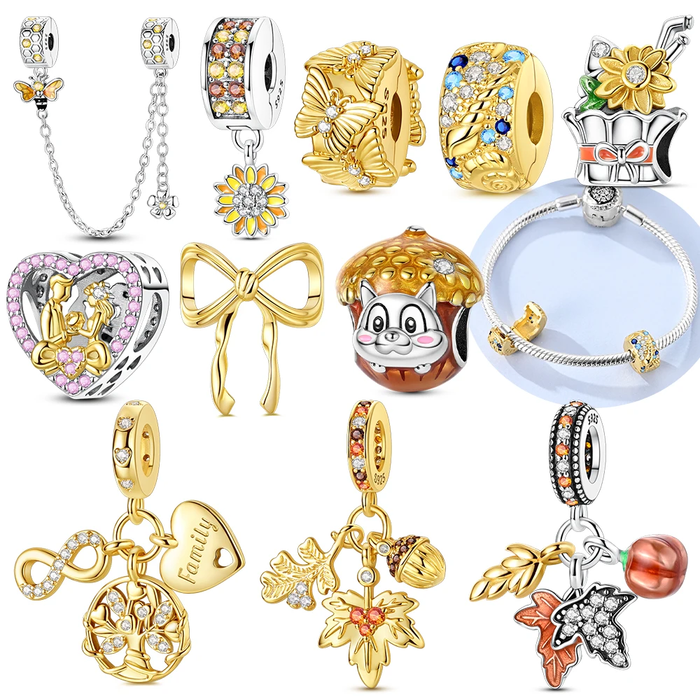 Butterfly Bow Squirrel Family Tree Fall Leaf Original Charm Silver Plated Bead Fit Bracelets Bag Keychain Charms DIY Women Gift