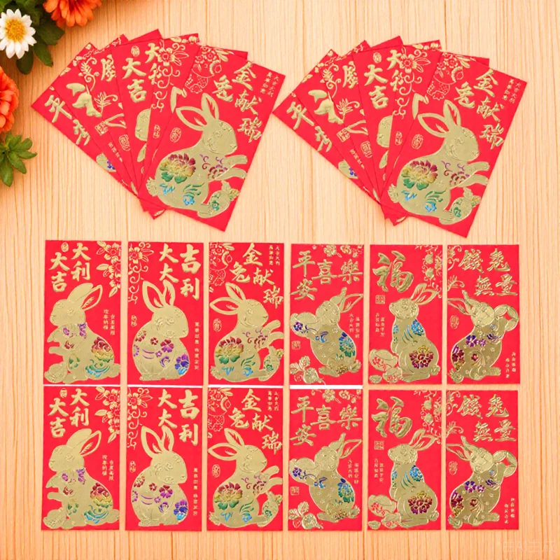 

60 шт., красные пакеты с рисунком кролика, праздничные новогодние сумки для денег, традиционные красные конверты для семейного праздника