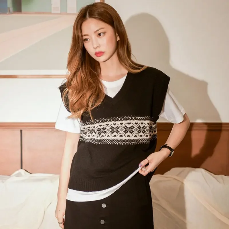 Suéter sin mangas para mujer, chalecos sencillos y holgados de punto Vintage con estampado de ocio, ropa de calle elegante BF que combina con todo, Harajuku Y2k Ins Popular