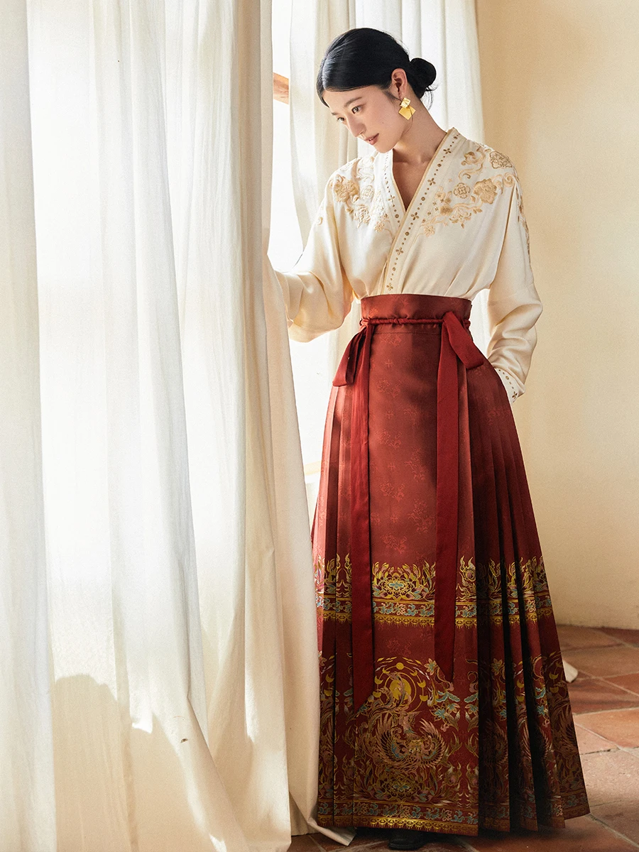 

Red Satin Embroidered Heavy Work Jiao Ling irt One-Piece Hanfu Women's Wedding Dr Wine Offering Ceremony Costume