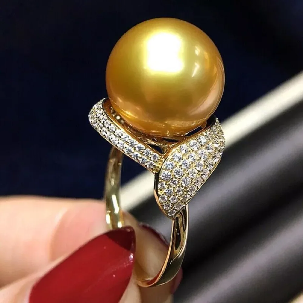 

Gorgeous AAAA9-10mm 10-11mm 12-11mm Round Natural South Sea Gold Pearl Open Ring 925s