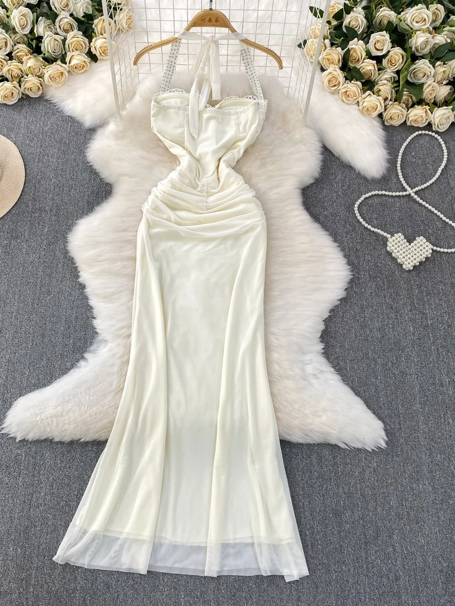 Foamlina Abito sexy con scollo a V e strass con cinturino alla caviglia Abito estivo da donna con ritaglio glamour in vita stretta a coda di pesce Abiti maxi eleganti