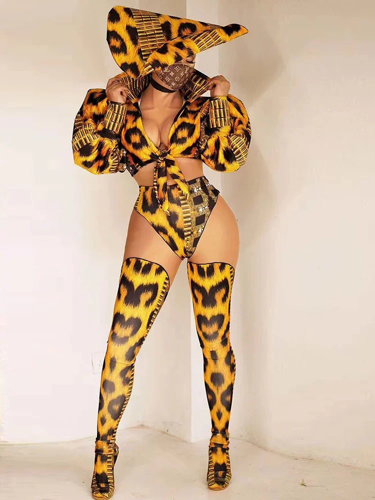 여성용 Gogo 코스튬 섹시한 나이트 클럽 바 파티 DJs ds 모자 재킷 바지, 발 커버 세트 레오파드 무늬 재즈 댄스 의류, 무대 착용