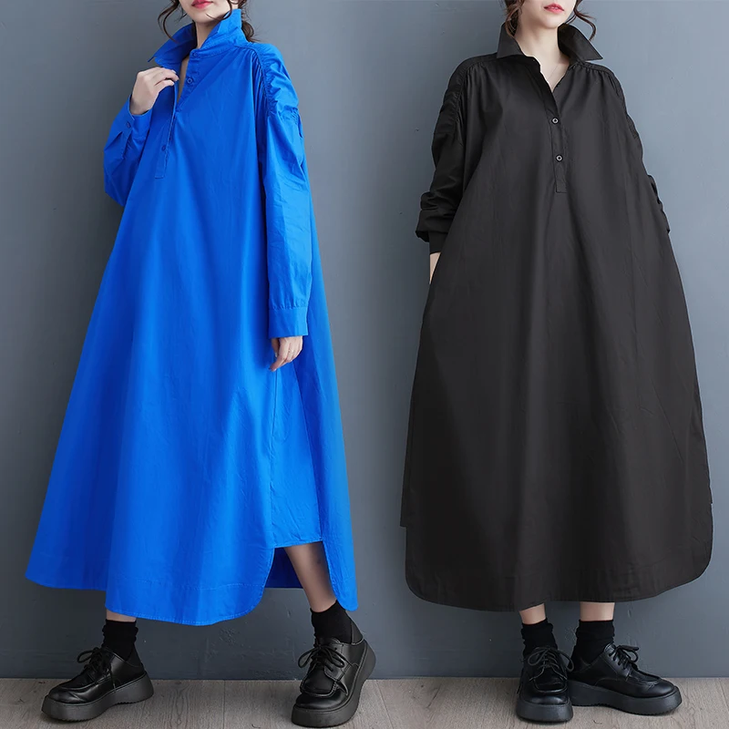 فستان ربيعي جديد بتصميم فضفاض وظهر مفتوح بلون واحد يخفي الجسم ويدبّر القوام بطول متوسط من القطن والبوليستر بتصميم A-Line