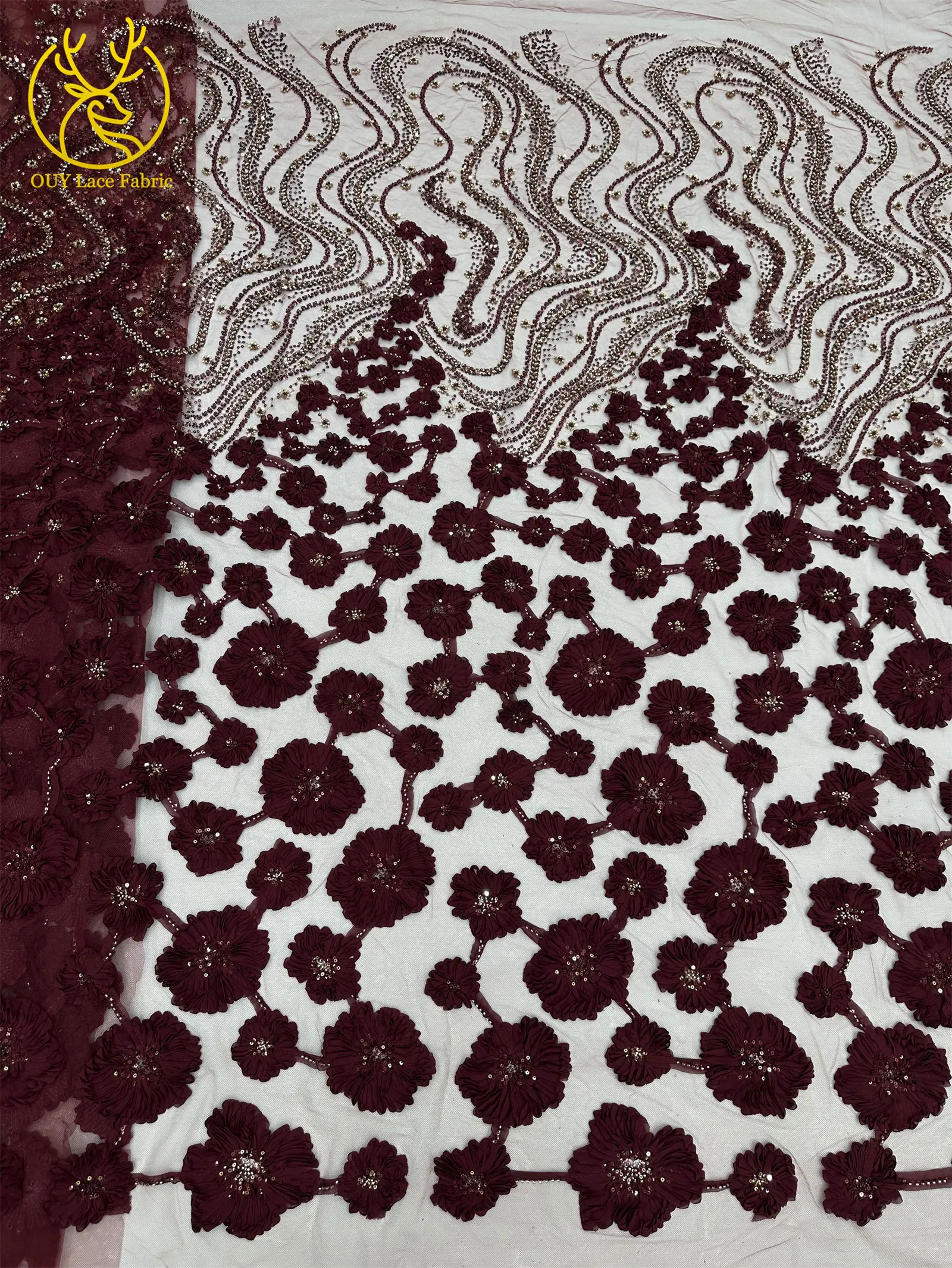 Burgunderroter 3D-Spitzenstoff, afrikanischer Perlen-Spitzenstoff, 5 Yards, nigerianischer Tüll, Pailletten-Spitzenstoff, Party, Damen, Hochzeitskleid, Nähen – Detail 12