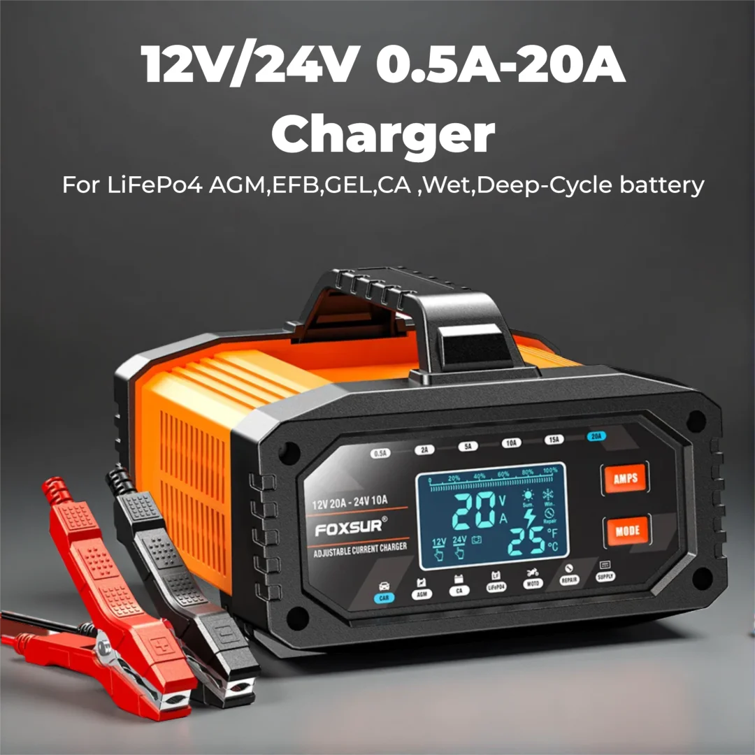 

0.5A-20A Portable Car Battery Charger 12V/24V LCD Display Charger Suitable for ATVs, Motorcycles, Snowmobiles, and Golf Carts