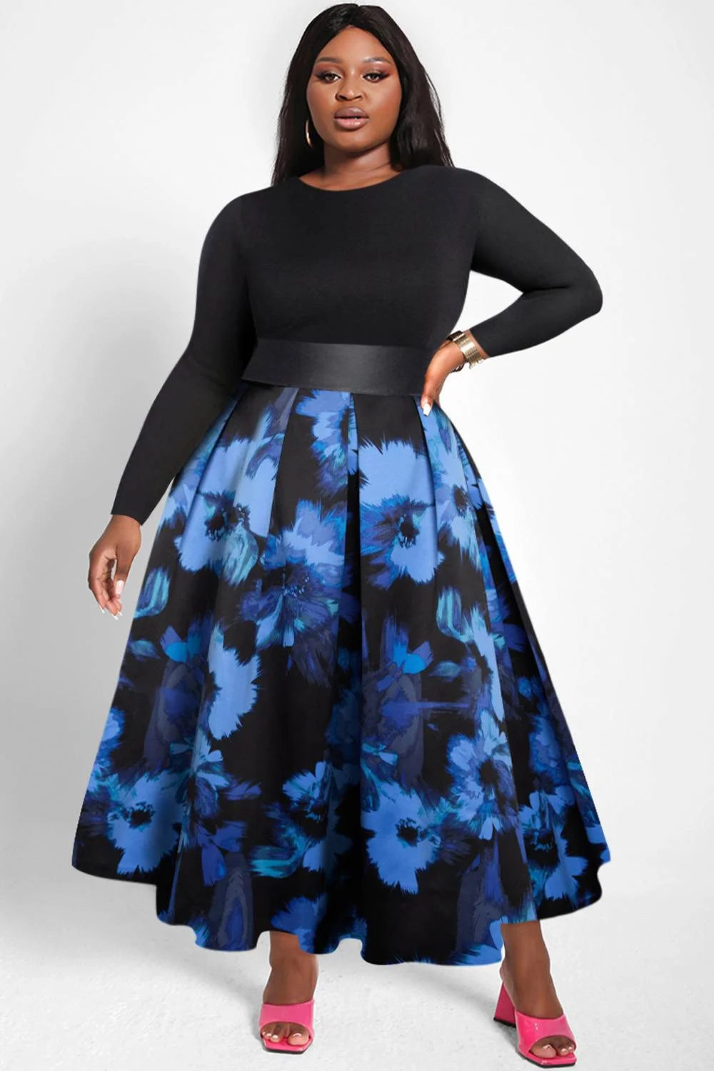 

Plus Size women's Dress Semi Formal Blue Floral Round Neck Long Sleeve Pocket Maxi Dresses