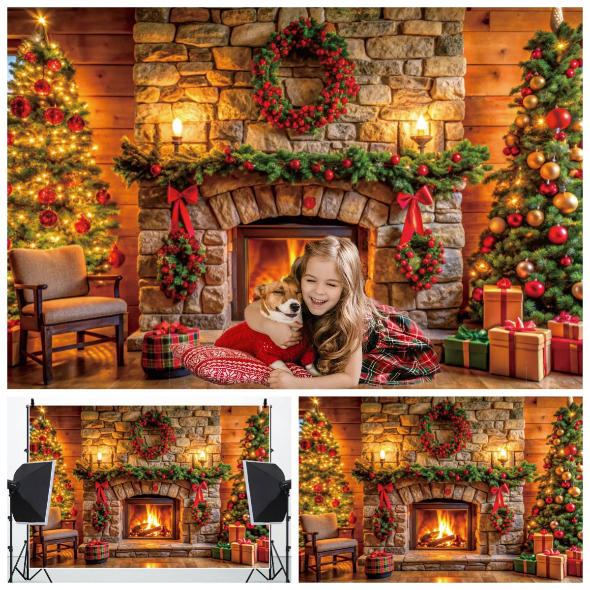 Christmas Fireplace Brick Wall Backdrop Christmas Tree Gift Family Party Decoration Portrait Photography Background Photobooth