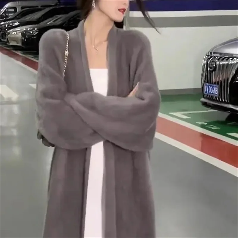 High-quality Soft Style Knitted Sweater Jacket Women Autumn Winter Retro Long Blue Pink Faux Mink Wool Sweater Cardigan Jacket