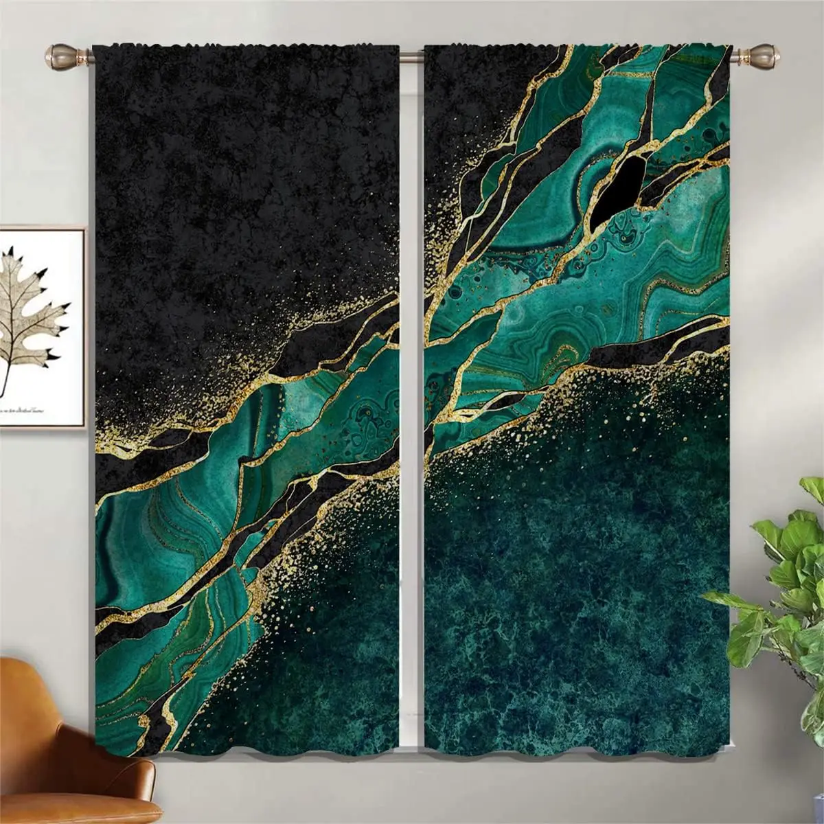 

Black Green Malachite Marble Blackout Curtains for Boy Girl Bedroom Living Room Darkening Decor, Abstract Luxury Golden Texture
