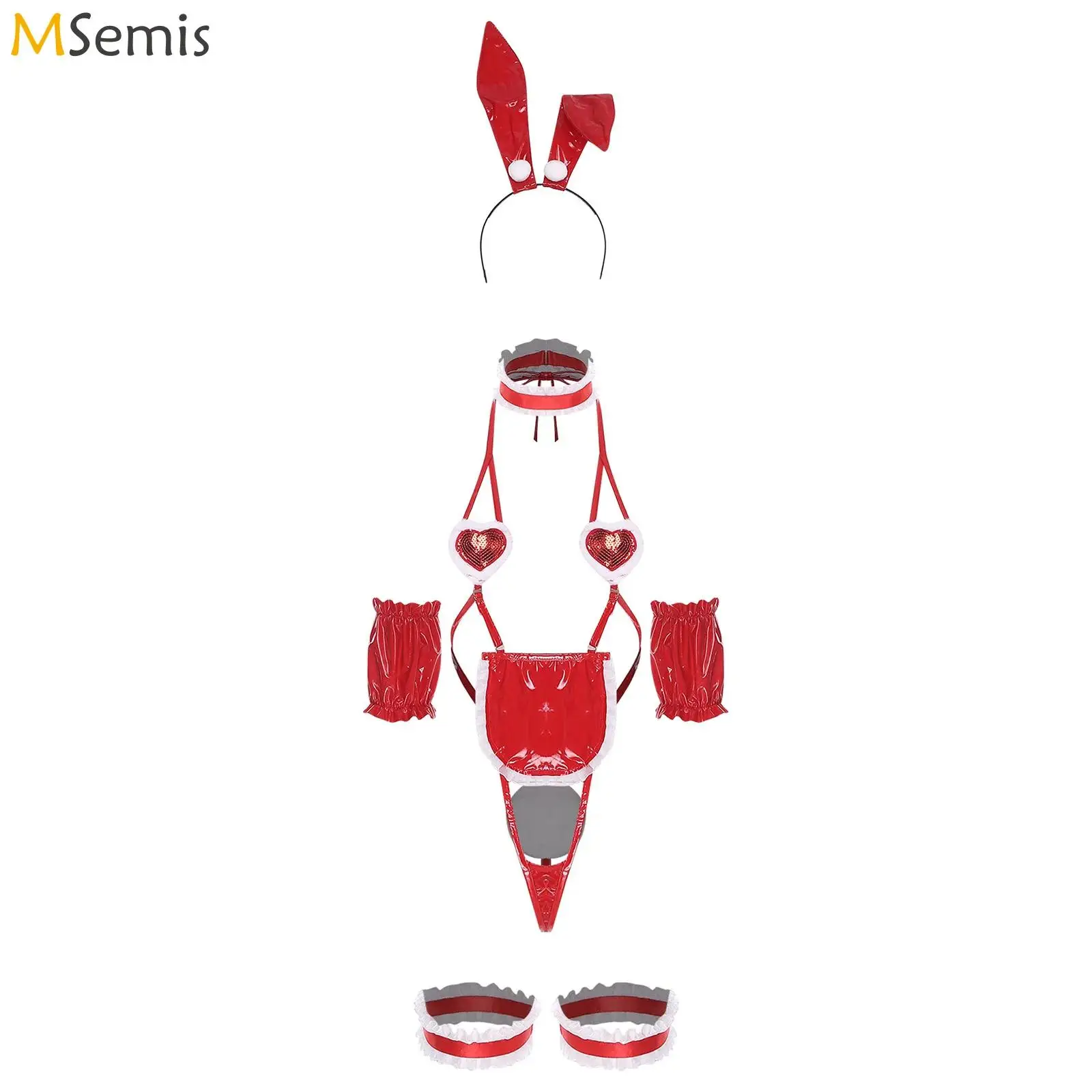 Женский сексуальный костюм горничной для косплея, женский комплект нижнего белья с кроликом, жирный ажурный кружевной отделкой с рюшами, микро-бюстгальтер, боди, стринги, головной убор