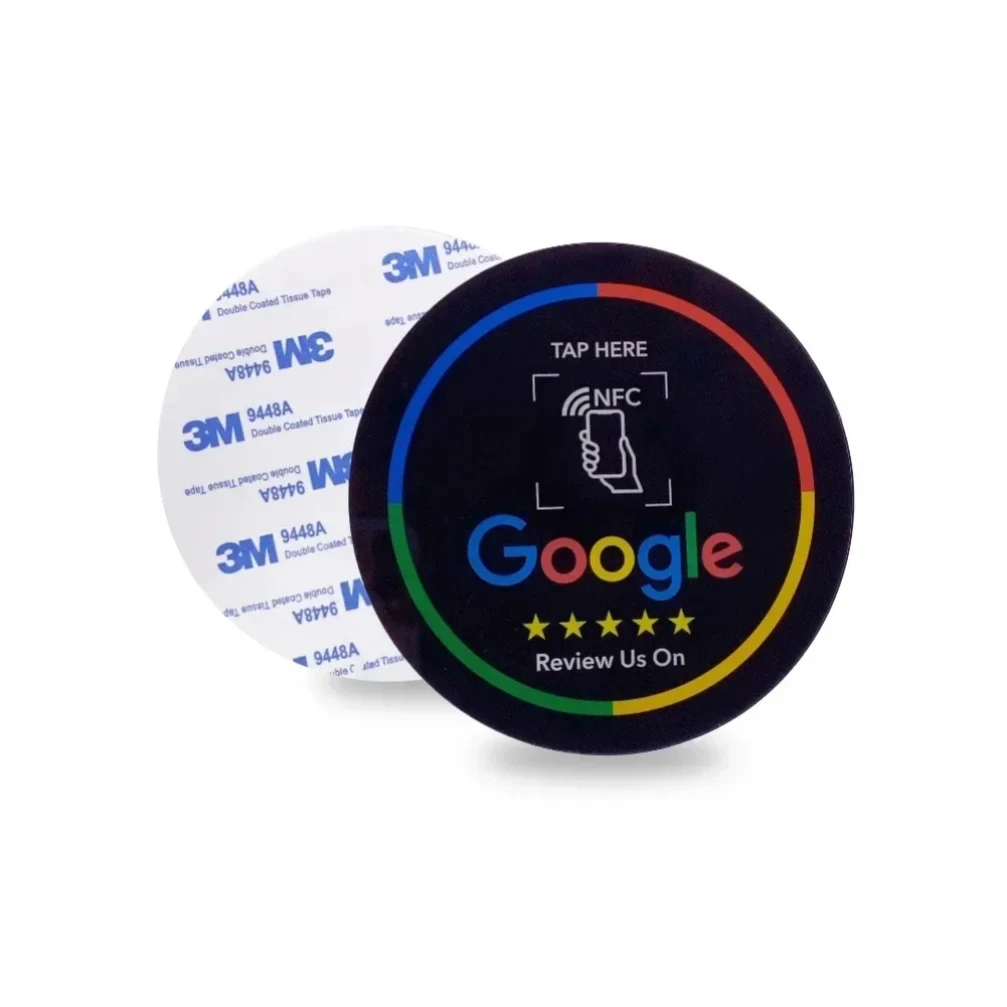 200pcs Diameter 10CM Google Reviews NFC Table Sticker Signage NFC NTAG 215 213 13.56MHz Acrylic with Self-adhesive Backing