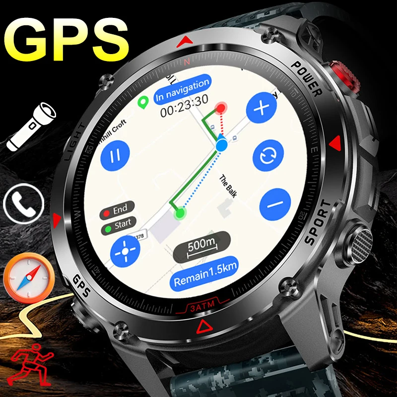 

Men Women Outdoor Sports Smart Watch GPS Compass Military-grade Wrist Watches 540mAh Large Battery Flashlight BT Call Smartwatch