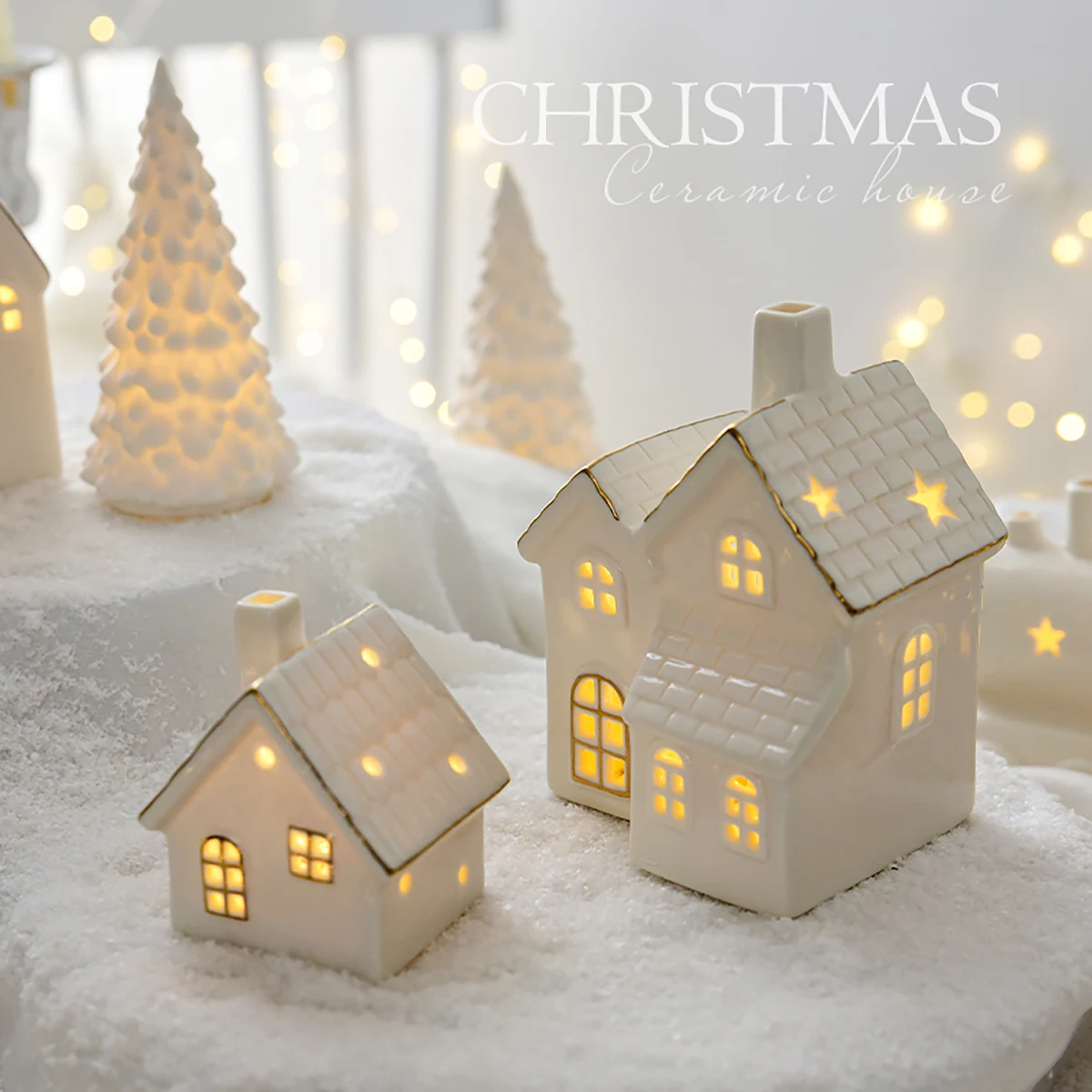 Ceramic creative ornaments small houses Christmas decorations Christmas glowing snow houses home furnishings INS ornaments