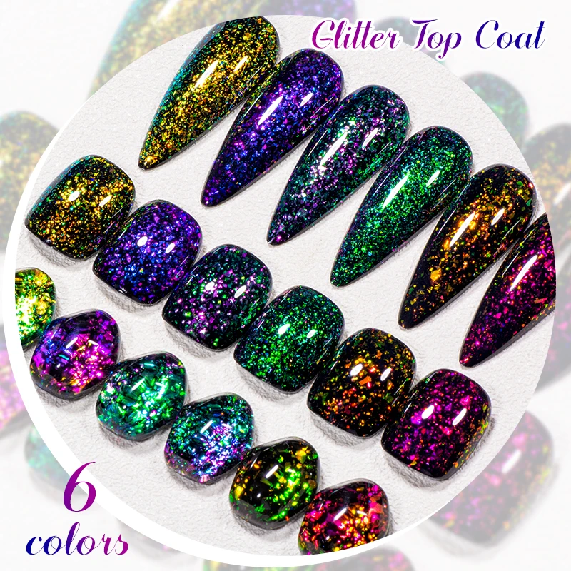 2 IN 1 Chameleon Glitter Top Coat Aurora Brocade Powder Gel Nail Polish For Manicure Soak Off UV Gel LED Varnish Nails Art DIY