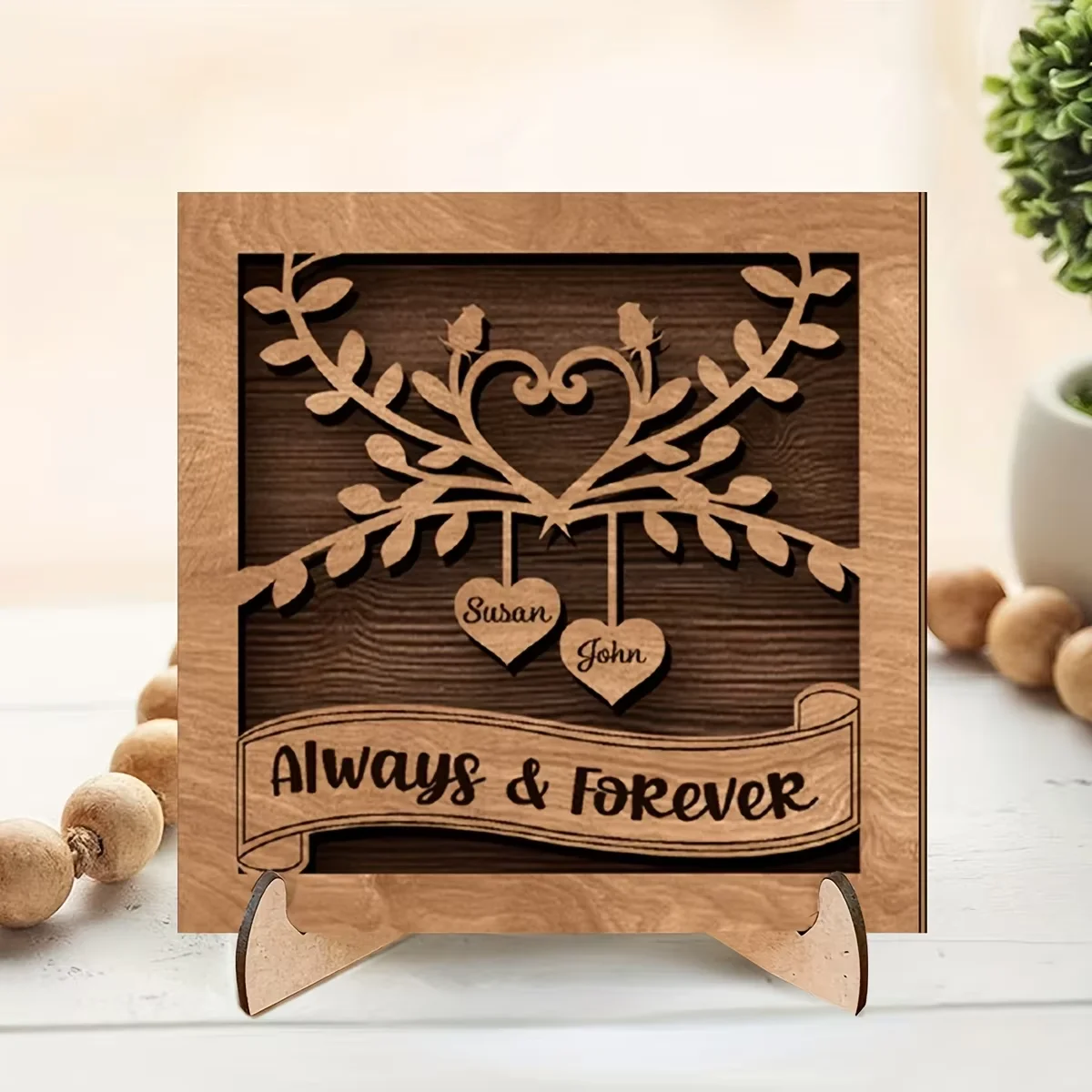 1 Stück/Set Braune 'Liebe für Immer' Quadratische Lebensbaum-Tischdekoration, Geeignet für Wohnzimmer, Arbeitszimmer, Schlafzimmer, Dekorative Plakette