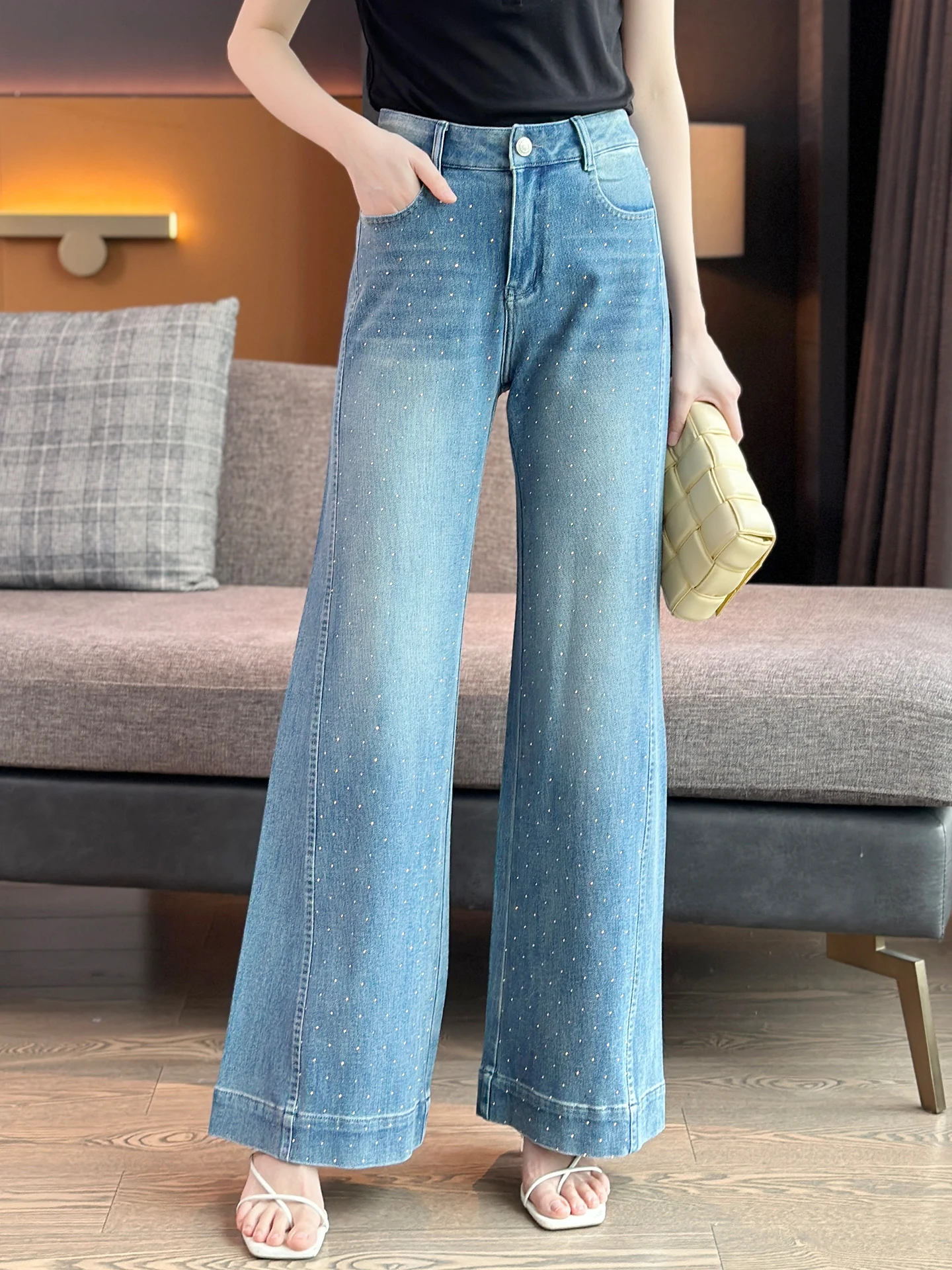 

ZuoZuoJia Heavy Industry Rhinestone Blue Slim Fit High Waist Bell Bottom Casual Jeans Women's Premium Quality Cotton Denim