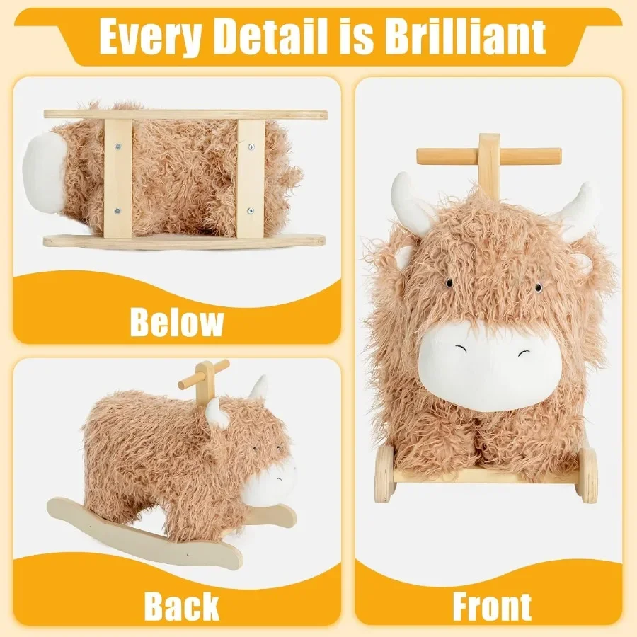 Baby Rocking Horse for 1 Year OldWooden Cow Yak Horse Rocking with Wicker Plush Wooden Ride On Toy for 2 Years Old GirlandBoy N