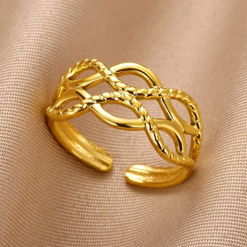 

Stainless Steel Hollow String Braided Open Rings For Women Gold Color Geometric Tren dy Wedding Ring Aesthetic Jewelry Gift