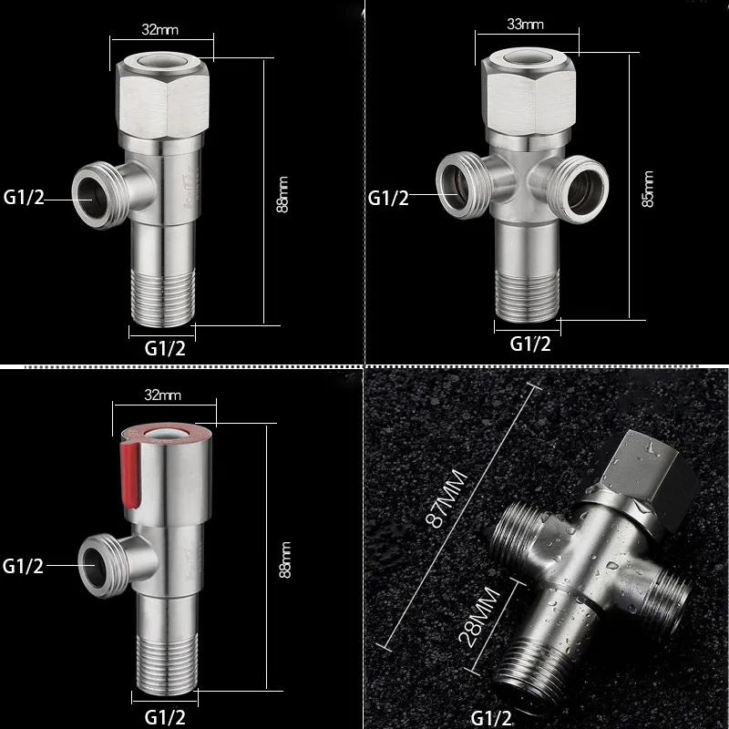 الفولاذ المقاوم للصدأ صمام زاوية G1/2 الباردة الساخنة صمام إيقاف الماء الحمام كلبشة صمام موصل ل بالوعة المرحاض حوض سخان المياه