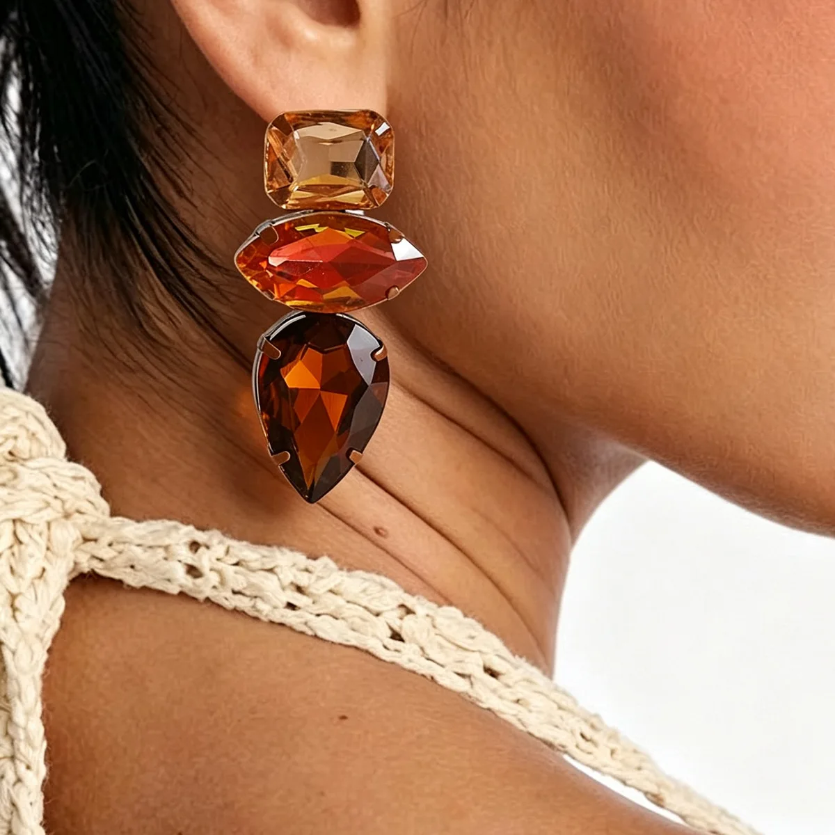 Warm Amber Faceted Crystal Multi Shape Tiered Drop Earrings Sparkling Geometric Glass Statement Ear Danglers Accessories